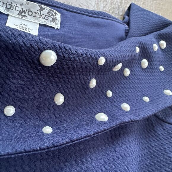 Knitworks Navy Floral Print Dress For Girls 14 or Women Size S with Pearls - Picture 4 of 14